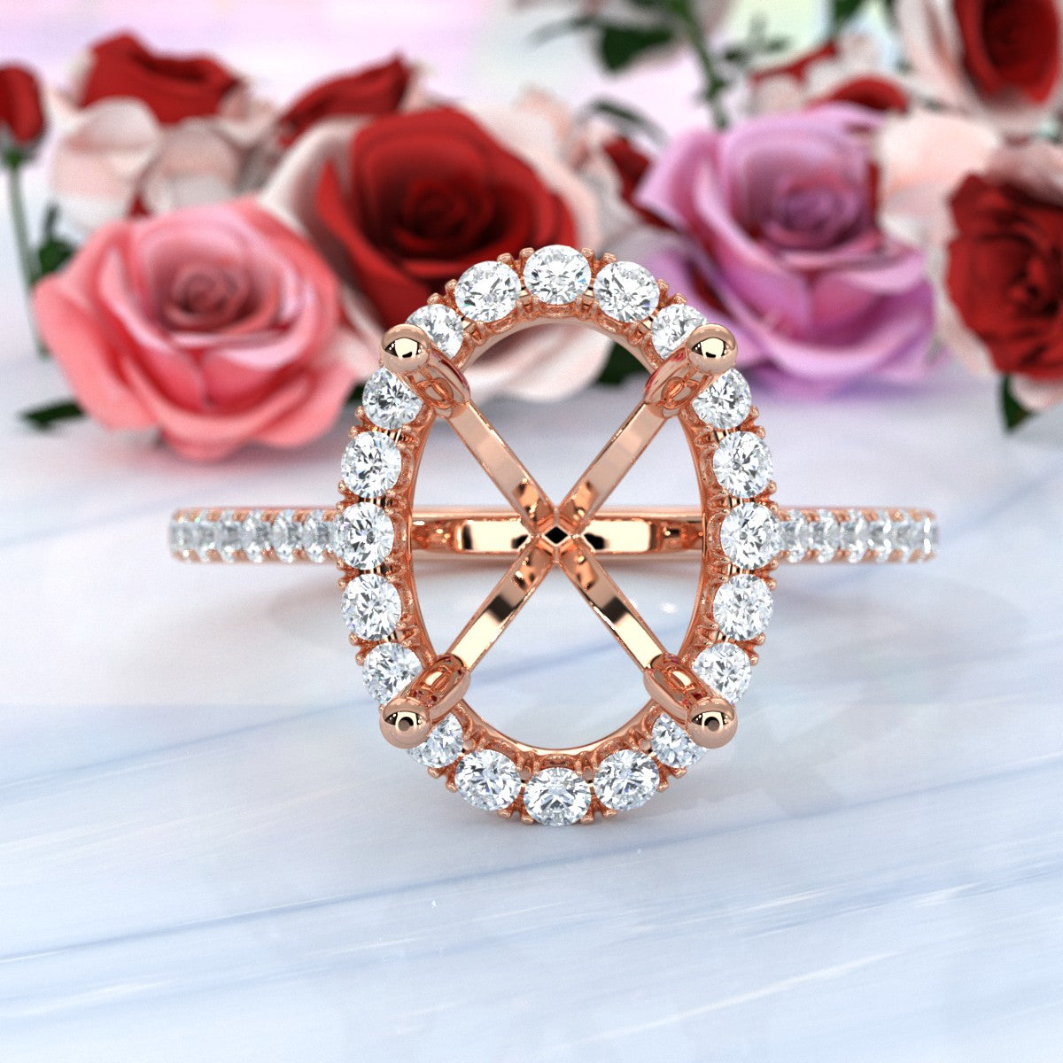 French U Pave Set Halo Semi Mount Lab Grown Diamond Engagement Ring 0.54 Ct.