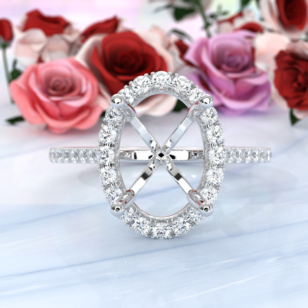 French U Pave Set Halo Semi Mount Lab Grown Diamond Engagement Ring 0.54 Ct.