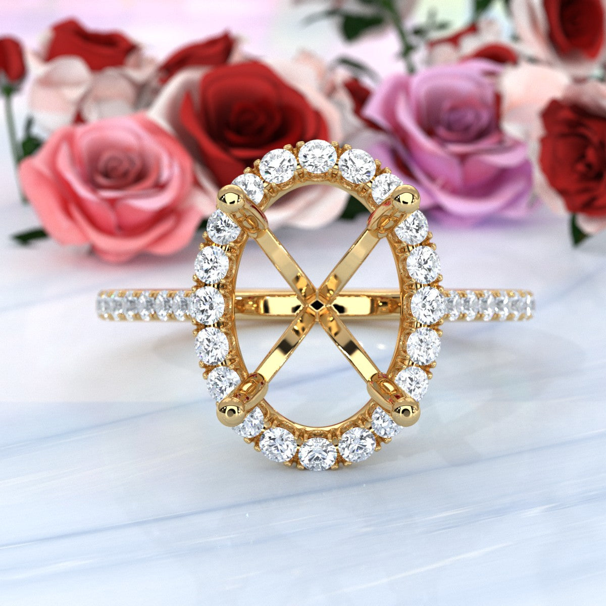 French U Pave Set Halo Semi Mount Lab Grown Diamond Engagement Ring 0.54 Ct.