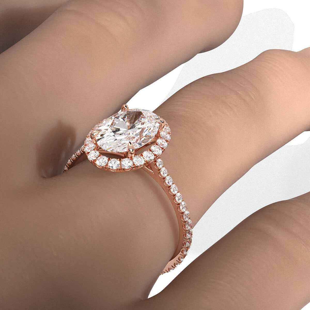 French U Pave Set Halo Lab Grown Diamond Oval Engagement Ring