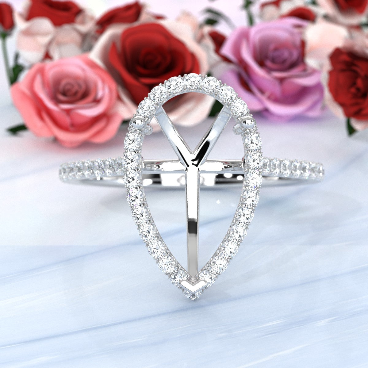 French U Pave Set Halo Semi Mount Lab Grown Diamond Engagement Ring 0.54 Ct.