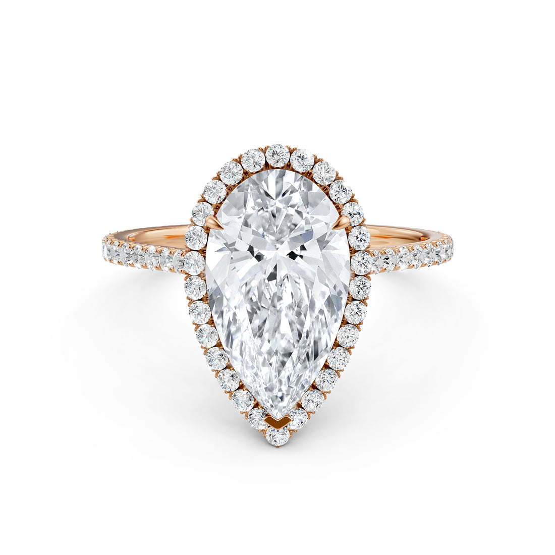 French U Pave Set Halo Diamond Pear Engagement Ring 14k White Gold.