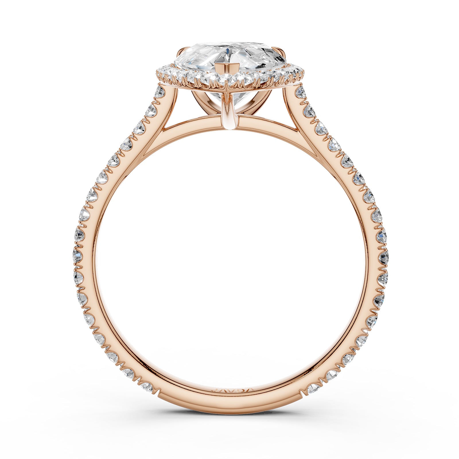 French U Pave Set Halo Diamond Pear Engagement Ring 14k White Gold.