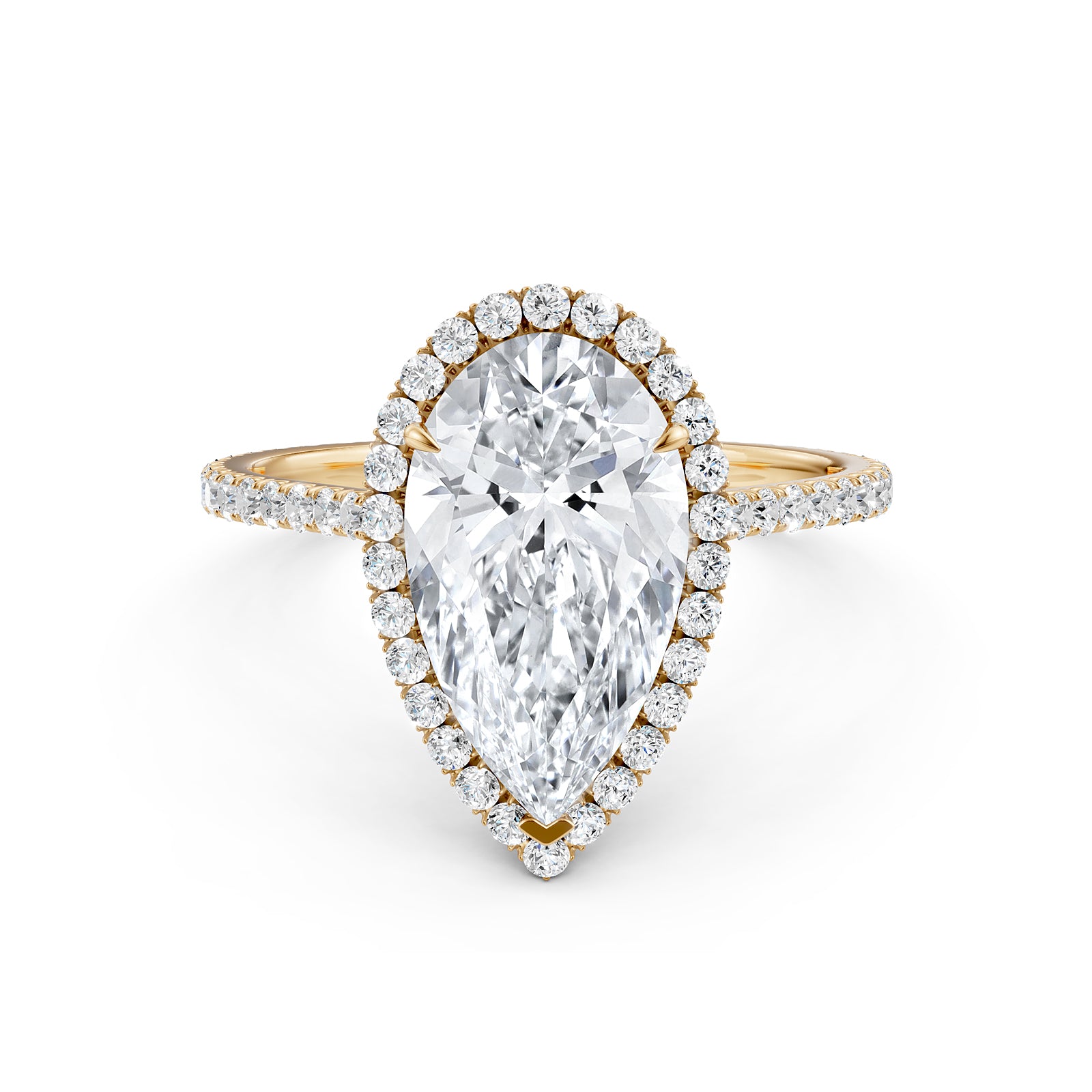 French U Pave Set Halo Diamond Pear Engagement Ring 14k White Gold.