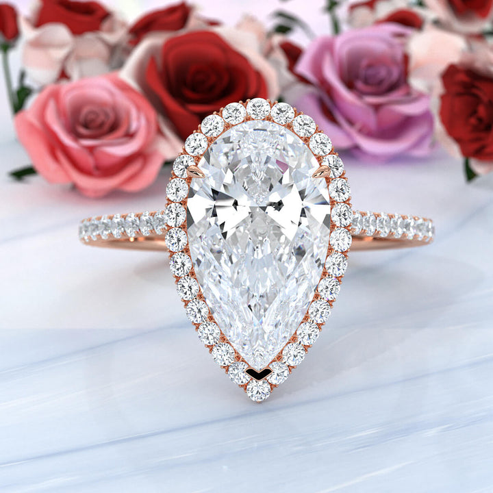 French U Pave Set Halo Diamond Pear Engagement Ring 14k White Gold.