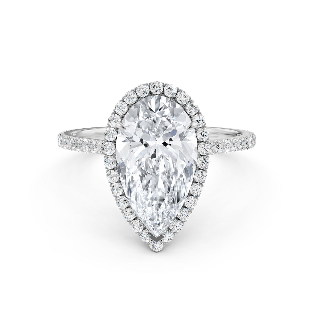 French U Pave Set Halo Diamond Pear Engagement Ring 14k White Gold.