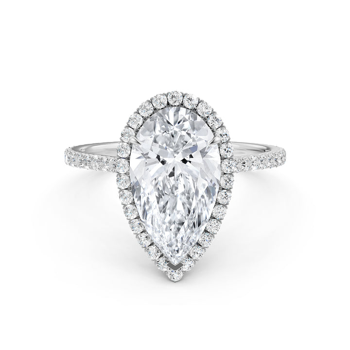 French U Pave Set Halo Diamond Pear Engagement Ring 14k White Gold.
