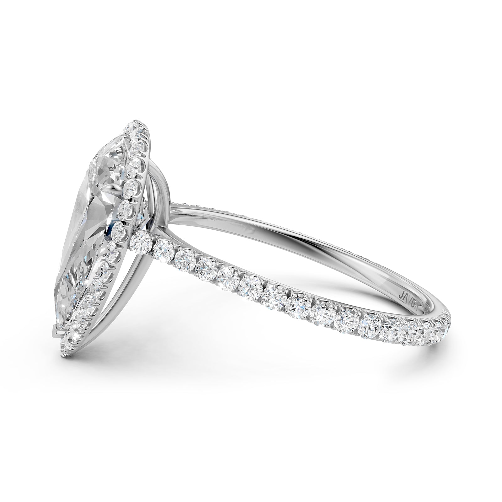 French U Pave Set Halo Diamond Pear Engagement Ring 14k White Gold.