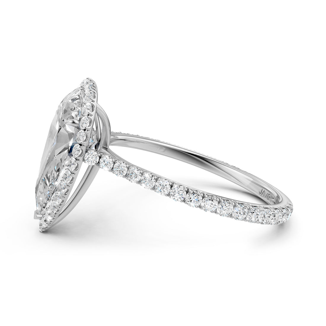 French U Pave Set Halo Diamond Pear Engagement Ring 14k White Gold.