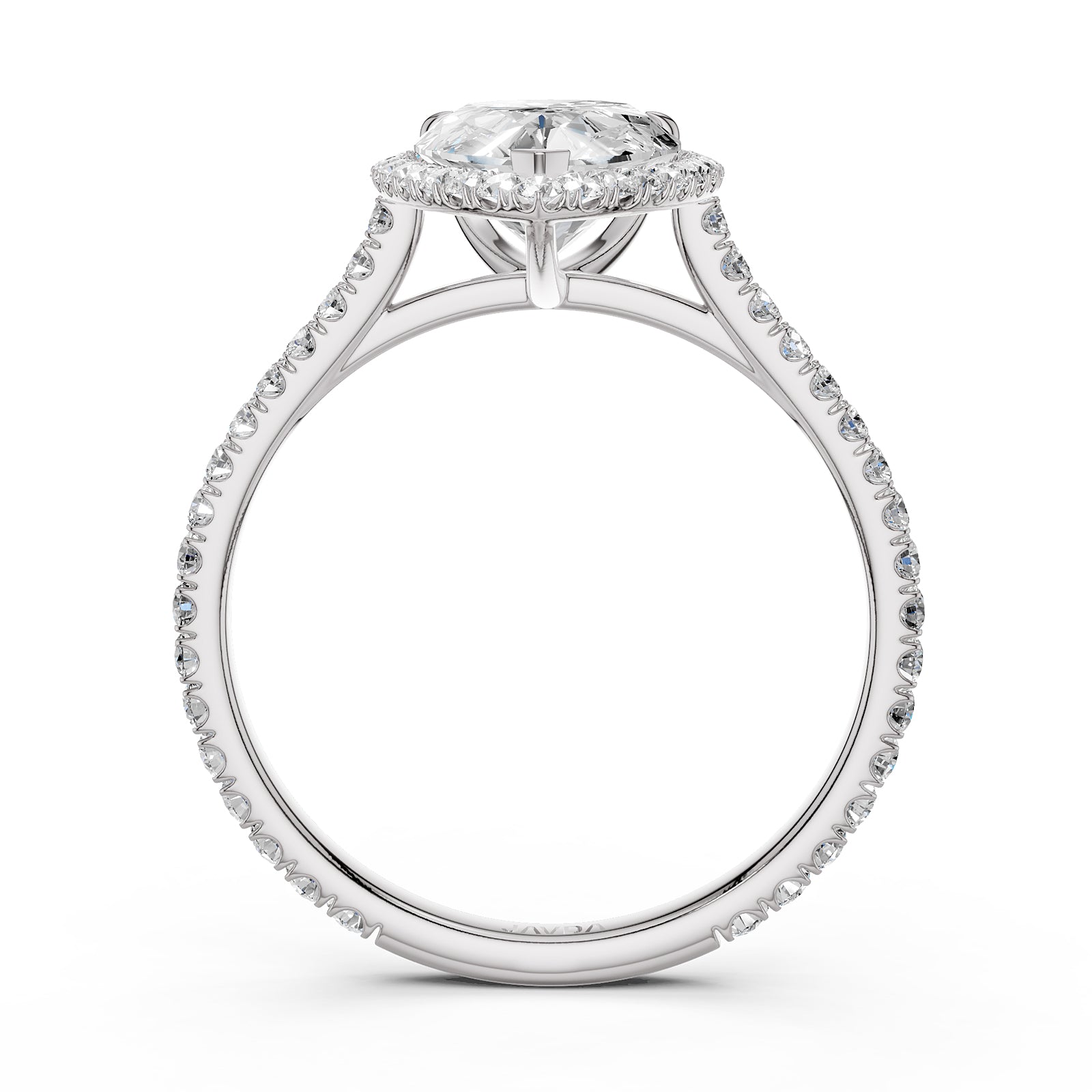 French U Pave Set Halo Diamond Pear Engagement Ring 14k White Gold.