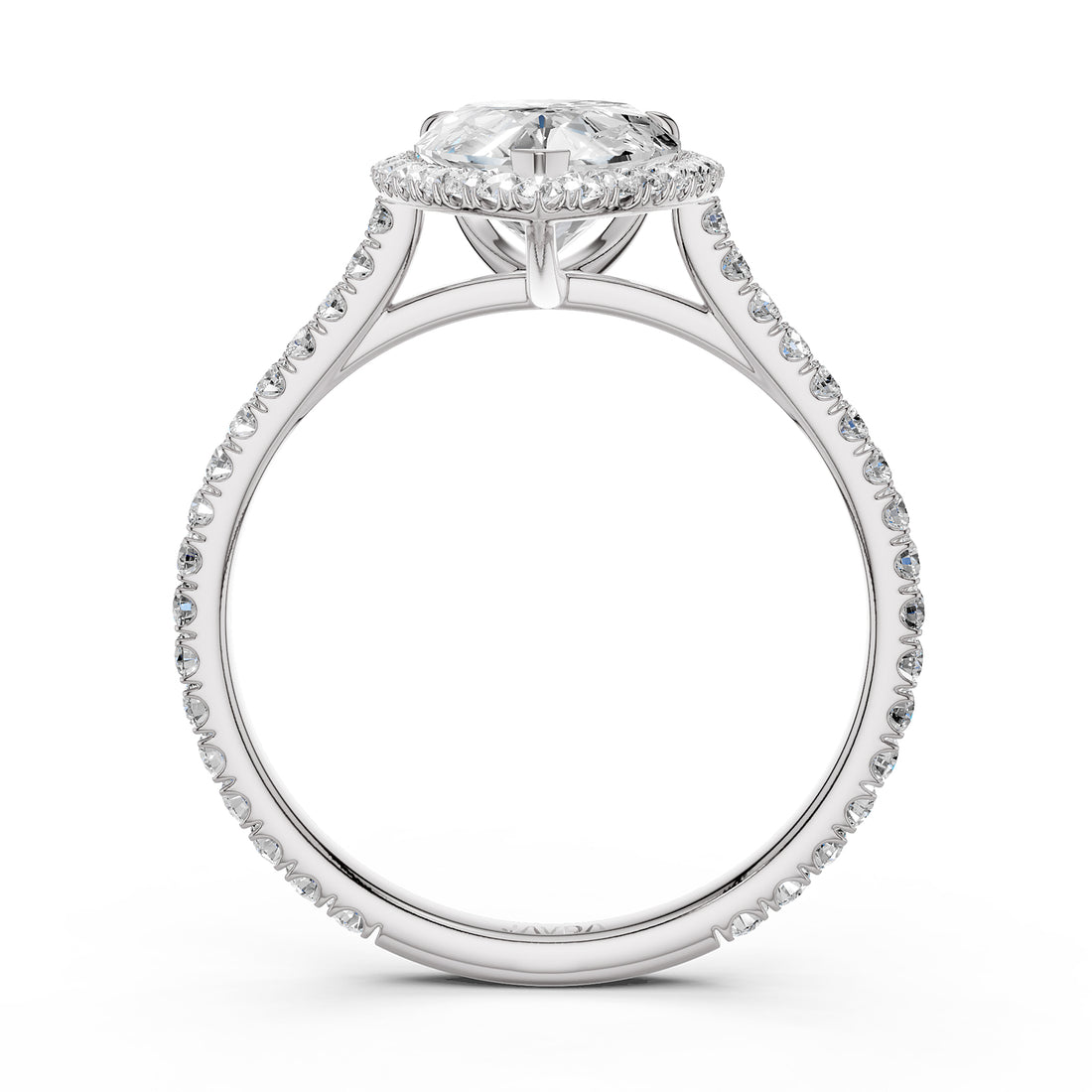 French U Pave Set Halo Diamond Pear Engagement Ring 14k White Gold.