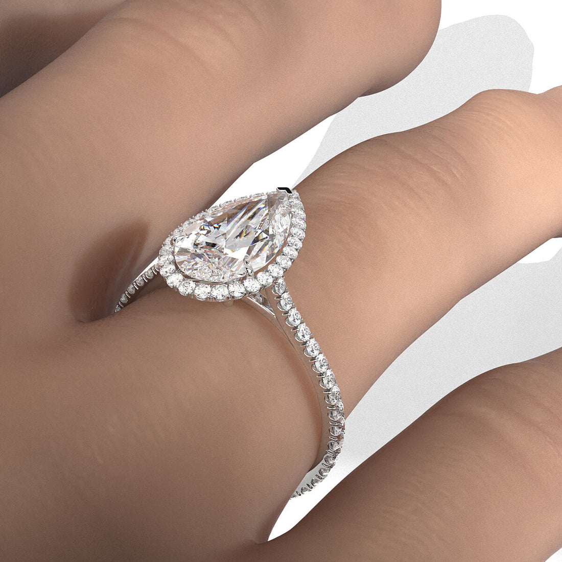 French U Pave Set Halo Diamond Pear Engagement Ring 14k White Gold.