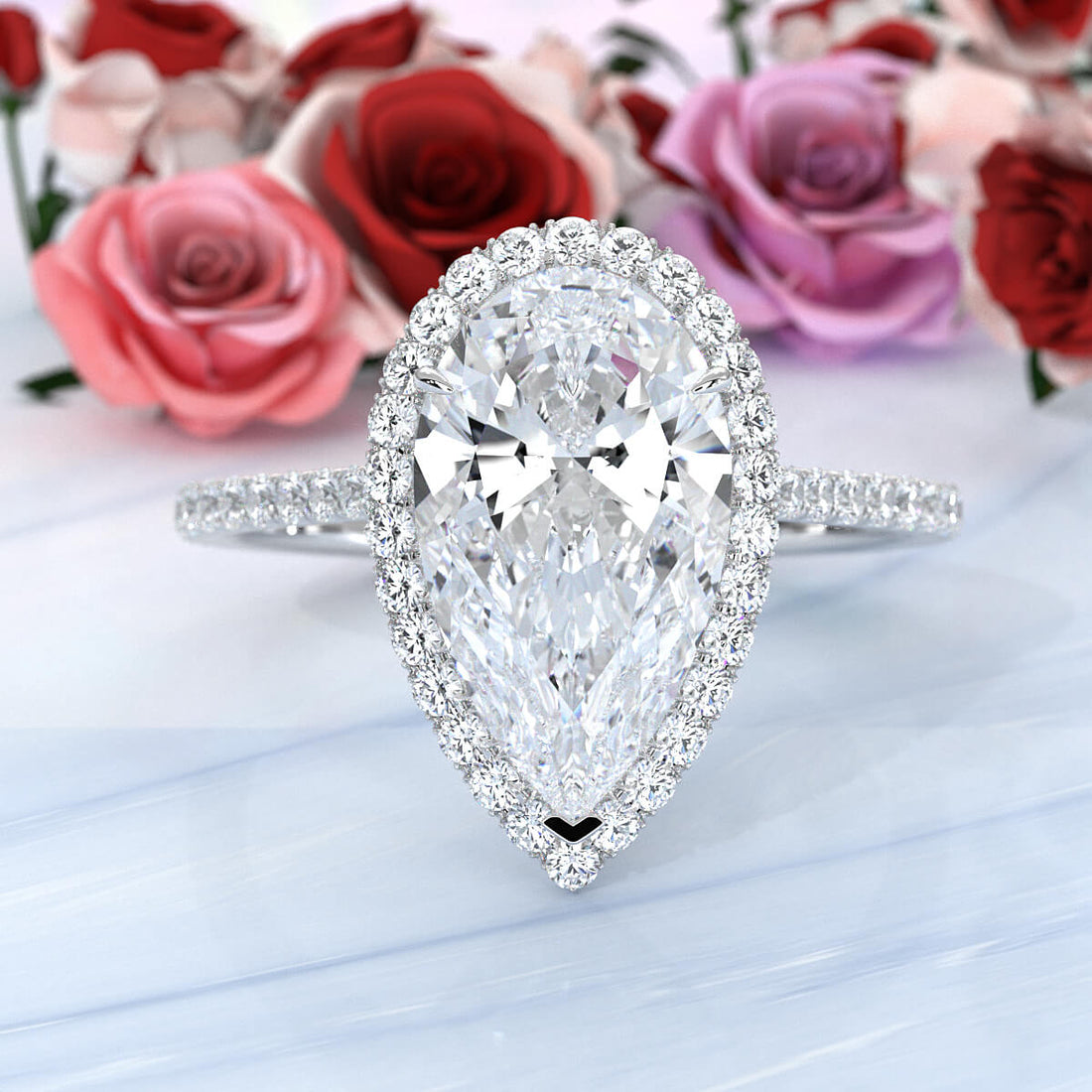 French U Pave Set Halo Diamond Pear Engagement Ring 14k White Gold.