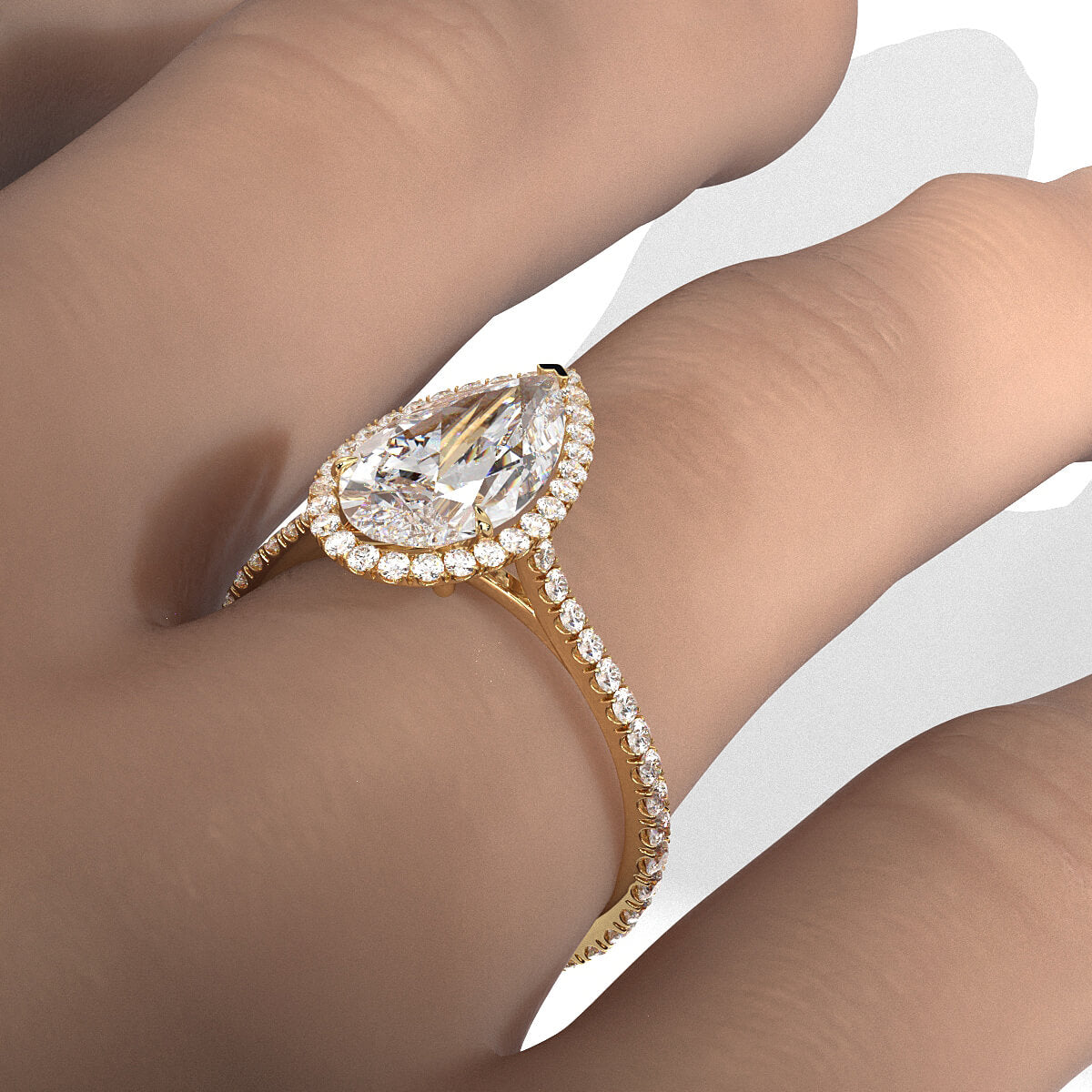 French U Pave Set Halo Diamond Pear Engagement Ring 14k White Gold.