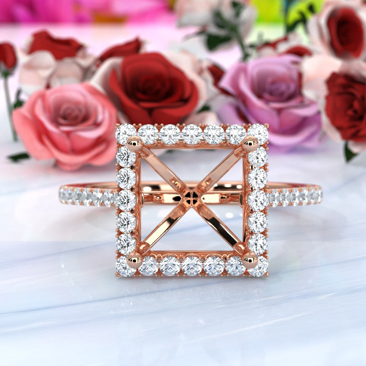 French U Pave Set Halo Semi Mount Lab Grown Diamond Engagement Ring 0.54 Ct.