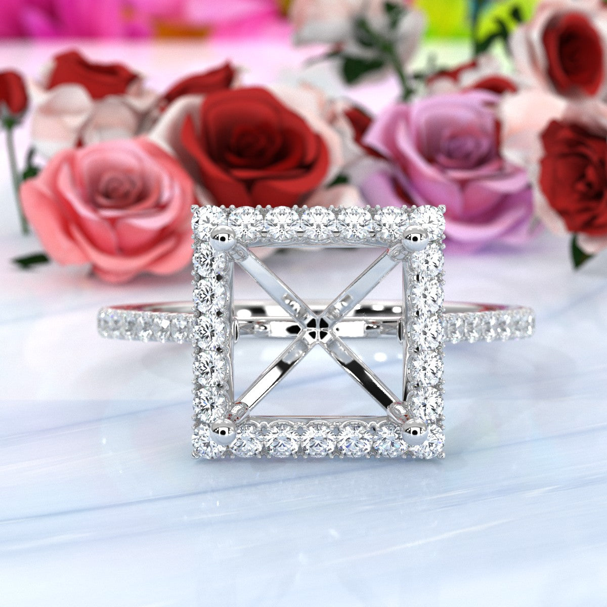 French U Pave Set Halo Semi Mount Lab Grown Diamond Engagement Ring 0.54 Ct.