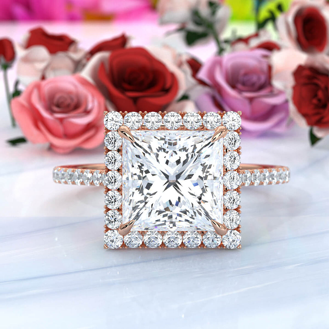 French U Pave Set Halo Diamond Princess Engagement Ring 14k White Gold.