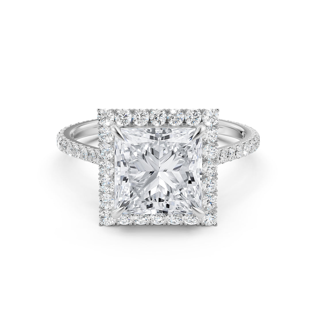 French U Pave Set Halo Diamond Princess Engagement Ring 14k White Gold.