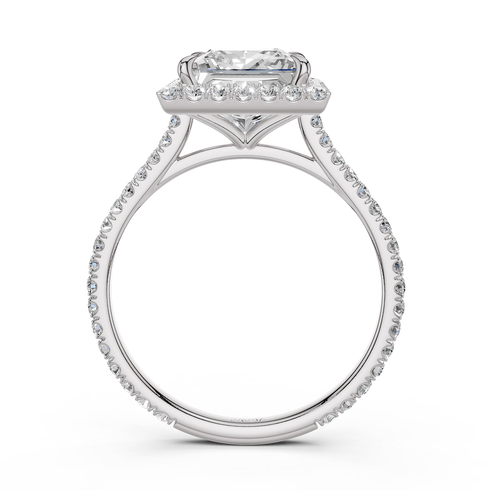 French U Pave Set Halo Diamond Princess Engagement Ring 14k White Gold.