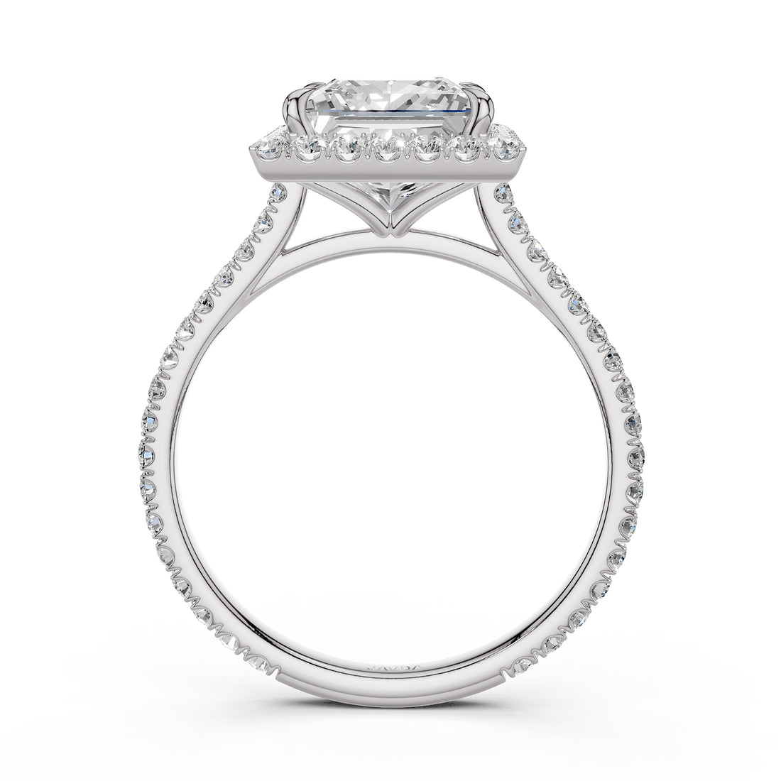French U Pave Set Halo Diamond Princess Engagement Ring 14k White Gold.