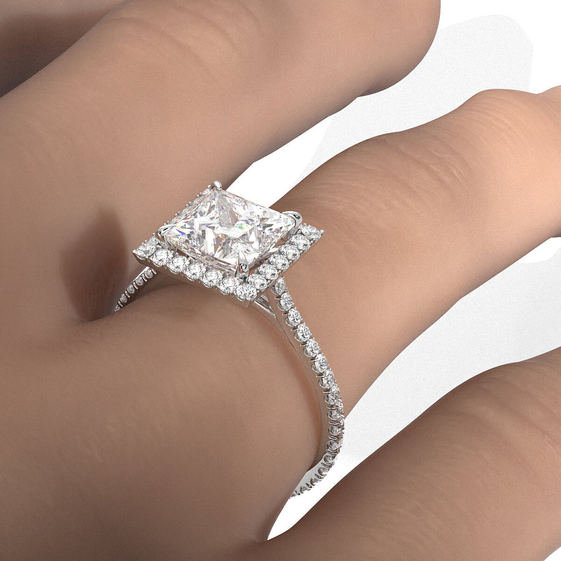 French U Pave Set Halo Diamond Princess Engagement Ring 14k White Gold.