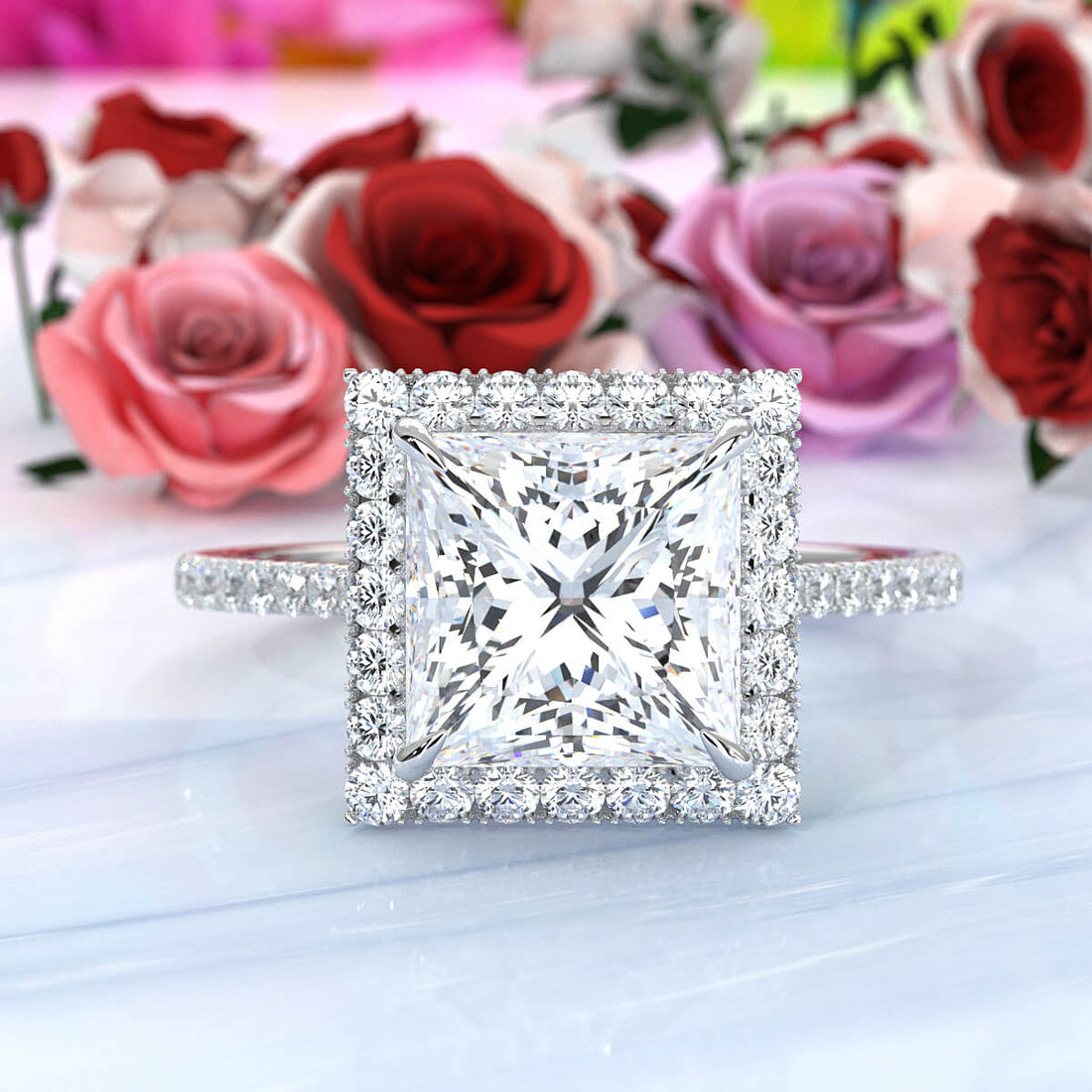 French U Pave Set Halo Diamond Princess Engagement Ring 14k White Gold.