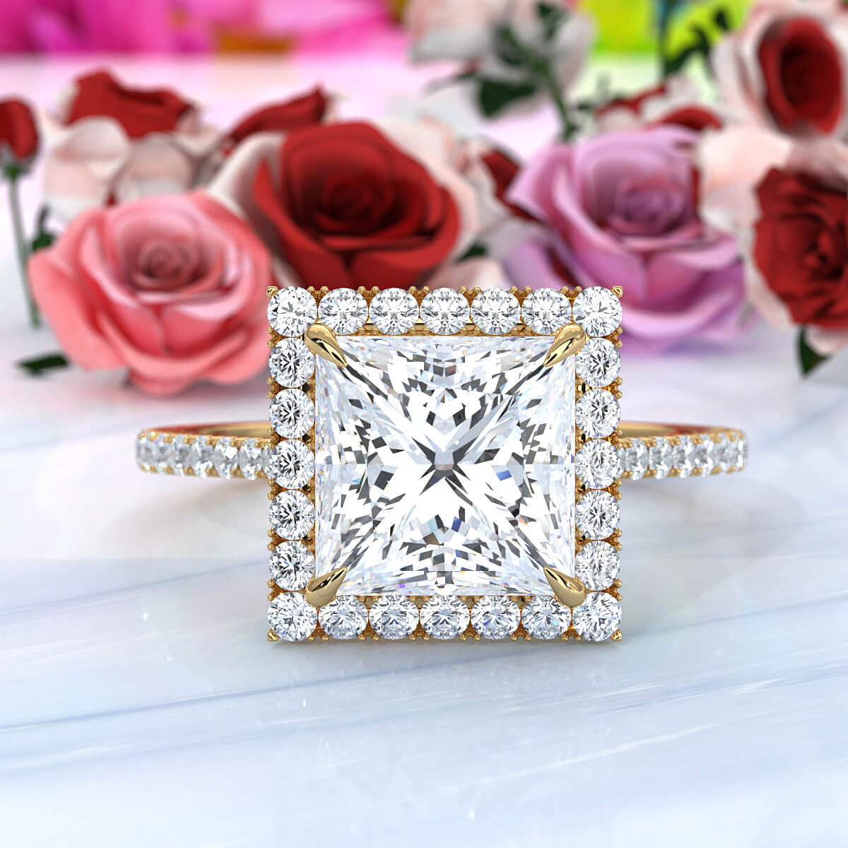 French U Pave Set Halo Diamond Princess Engagement Ring 14k White Gold.