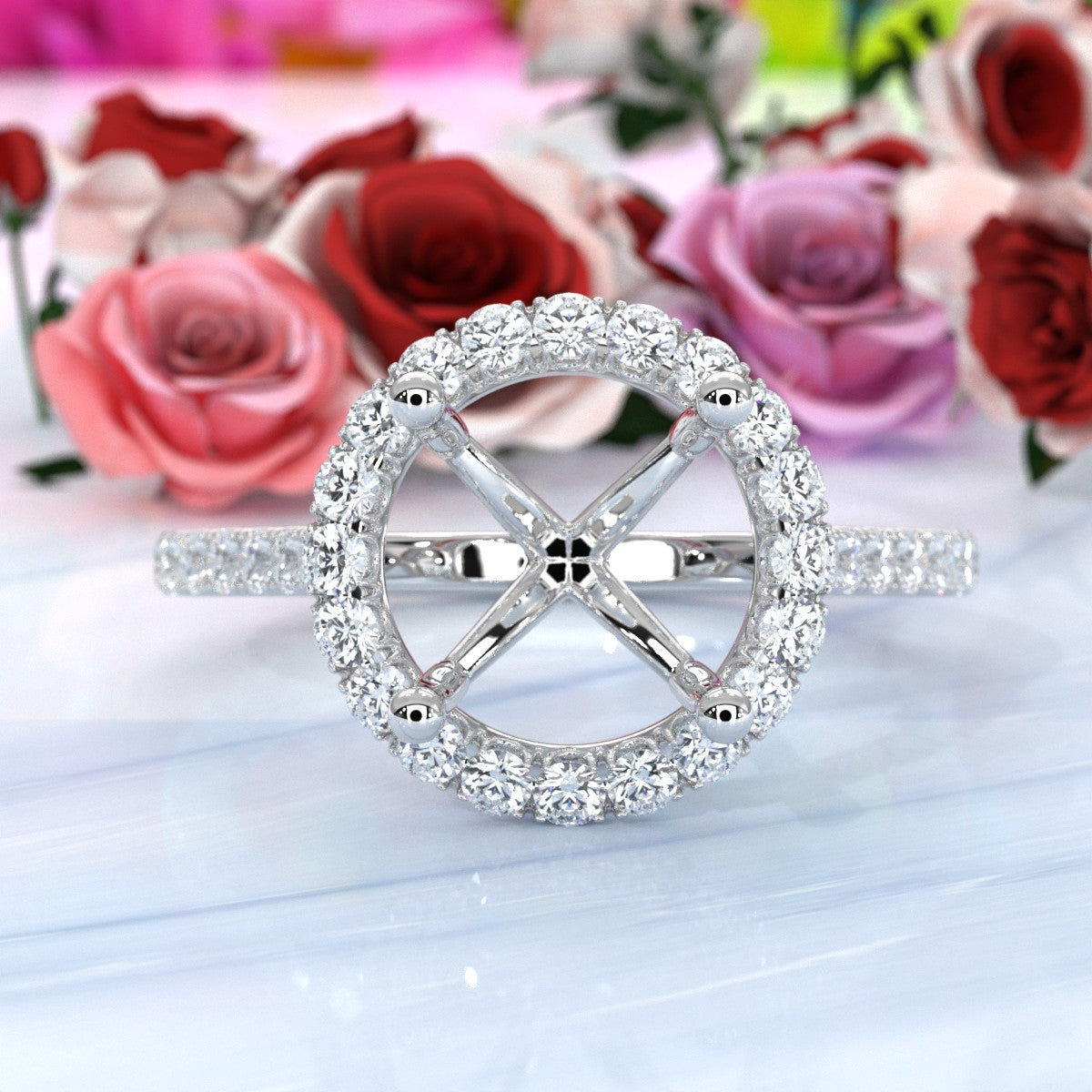 French U Pave Set Halo Semi Mount Lab Grown Diamond Engagement Ring 0.54 Ct.