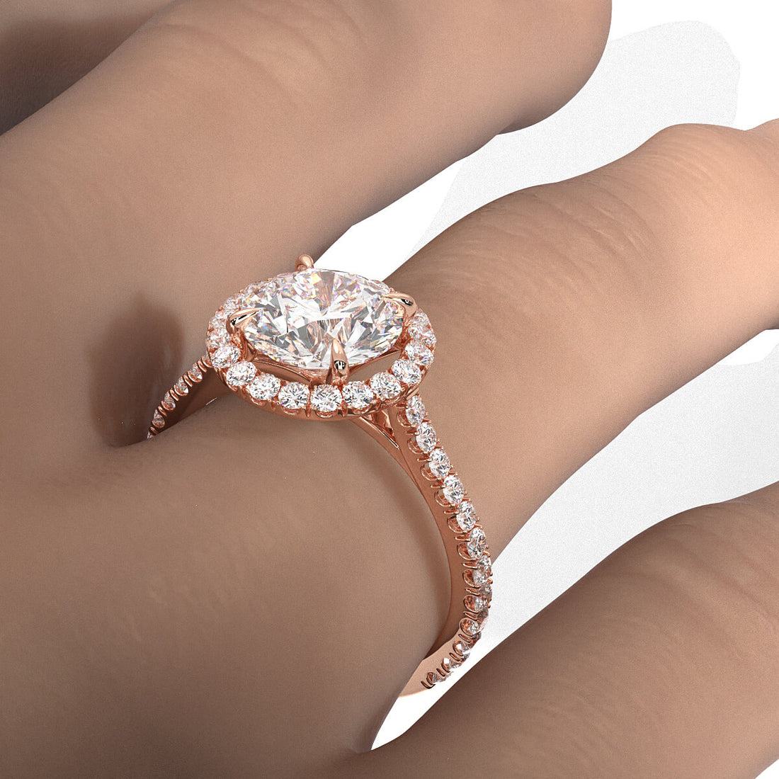 French U Pave Set Halo Lab Grown Diamond Round Engagement Ring