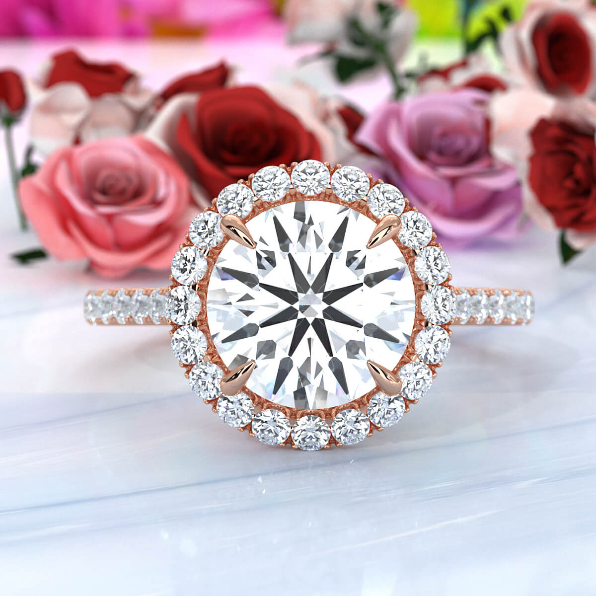 French U Pave Set Halo Lab Grown Diamond Round Engagement Ring