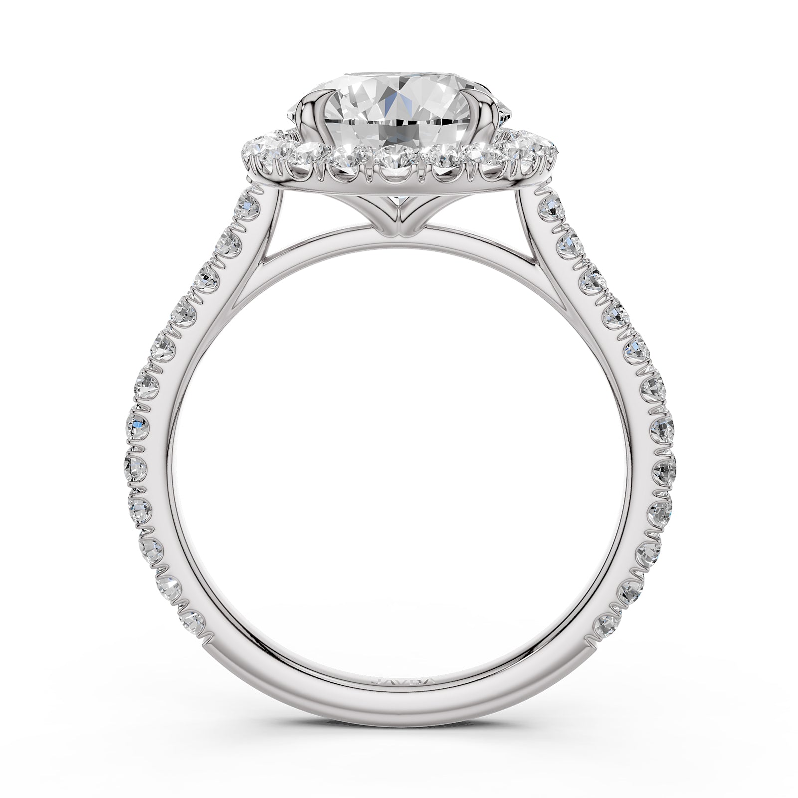 French U Pave Set Halo Lab Grown Diamond Round Engagement Ring