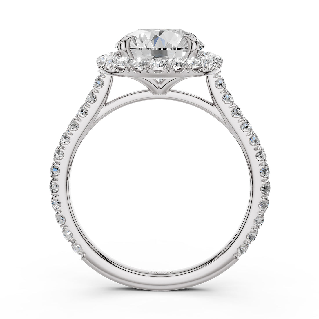 French U Pave Set Halo Lab Grown Diamond Round Engagement Ring