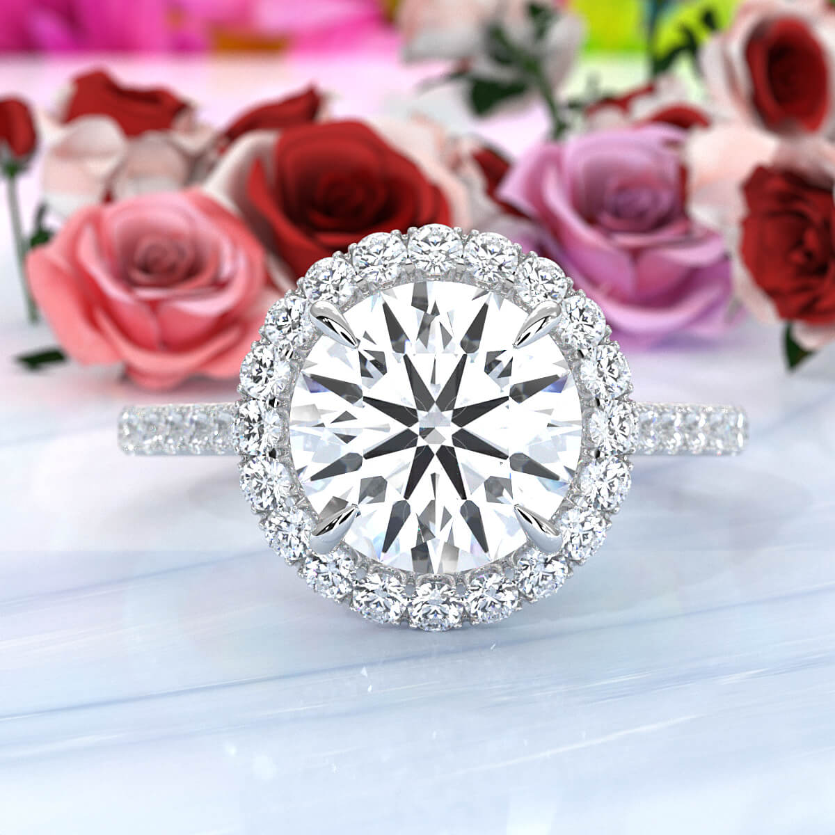 French U Pave Set Halo Lab Grown Diamond Round Engagement Ring