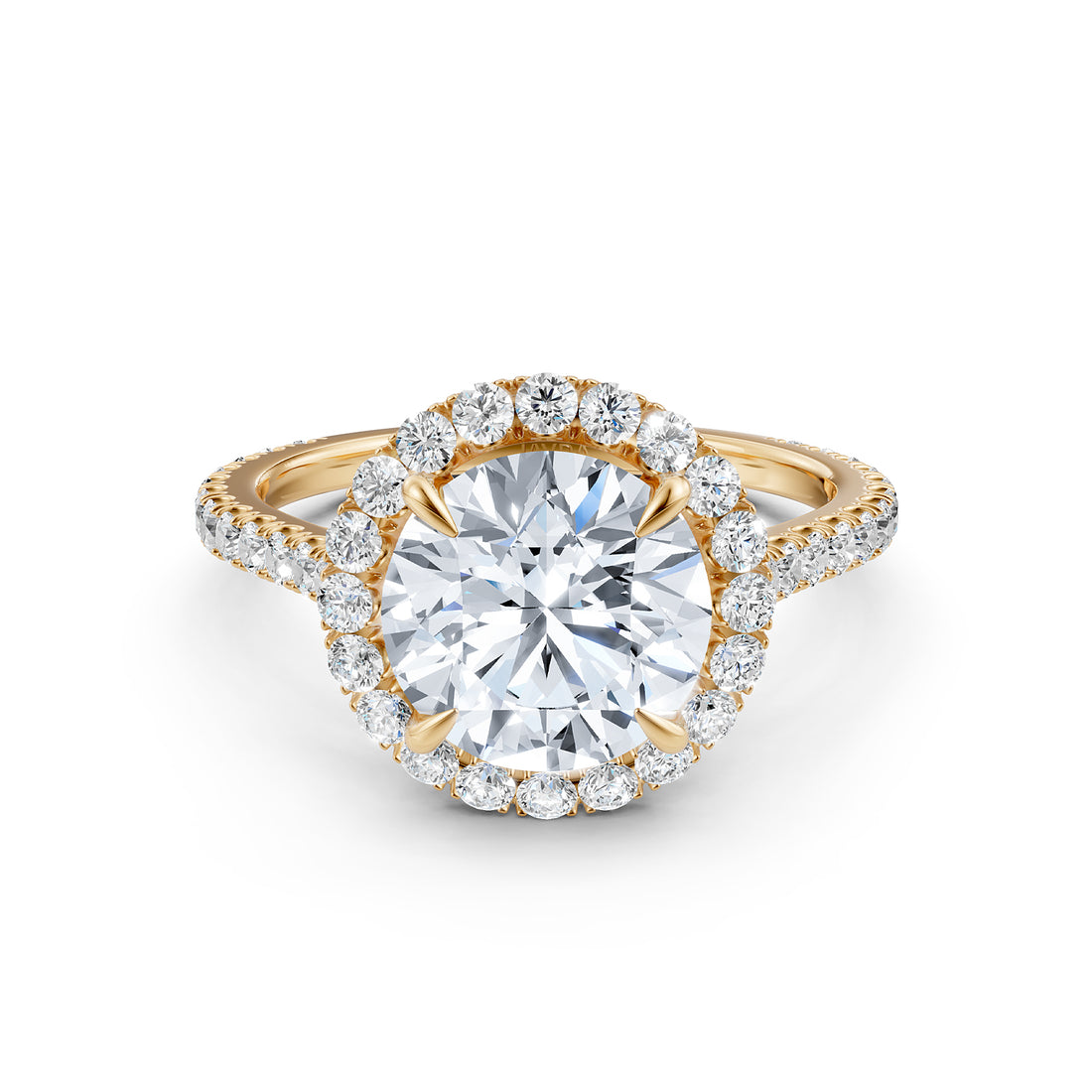 French U Pave Set Halo Lab Grown Diamond Round Engagement Ring