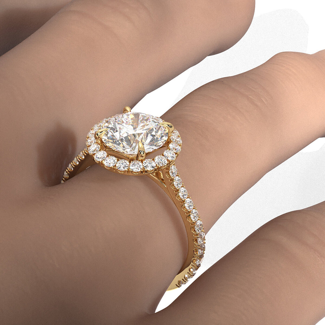 French U Pave Set Halo Lab Grown Diamond Round Engagement Ring