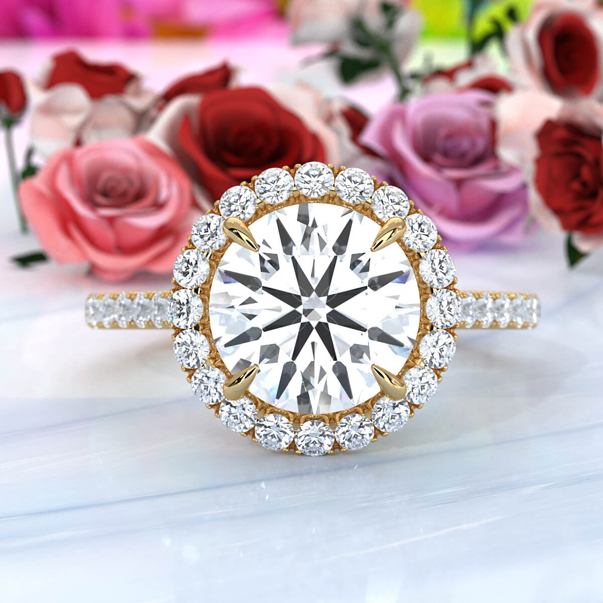 French U Pave Set Halo Lab Grown Diamond Round Engagement Ring