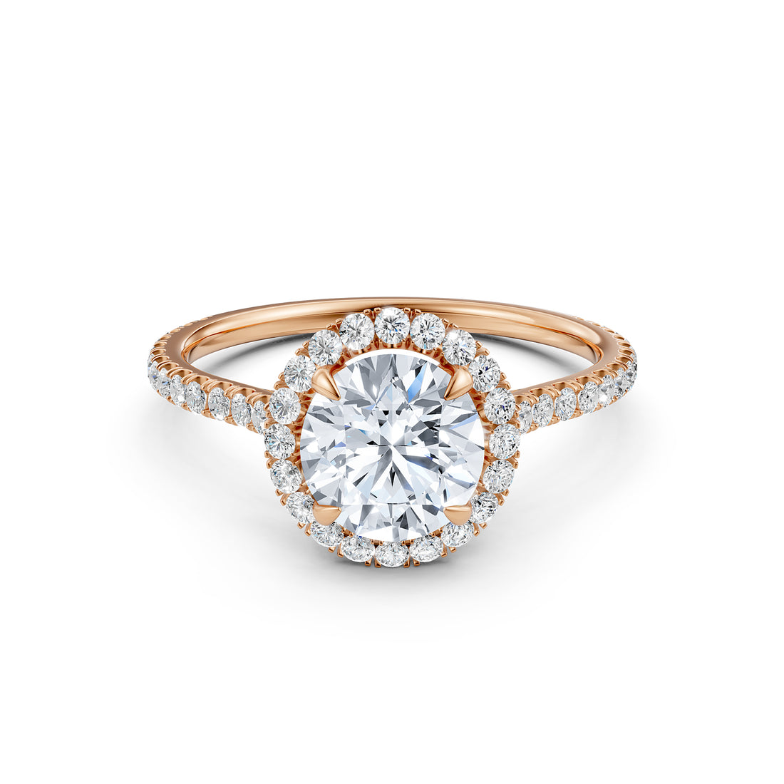 French U Pave Set Halo Lab Grown Diamond Round Engagement Ring