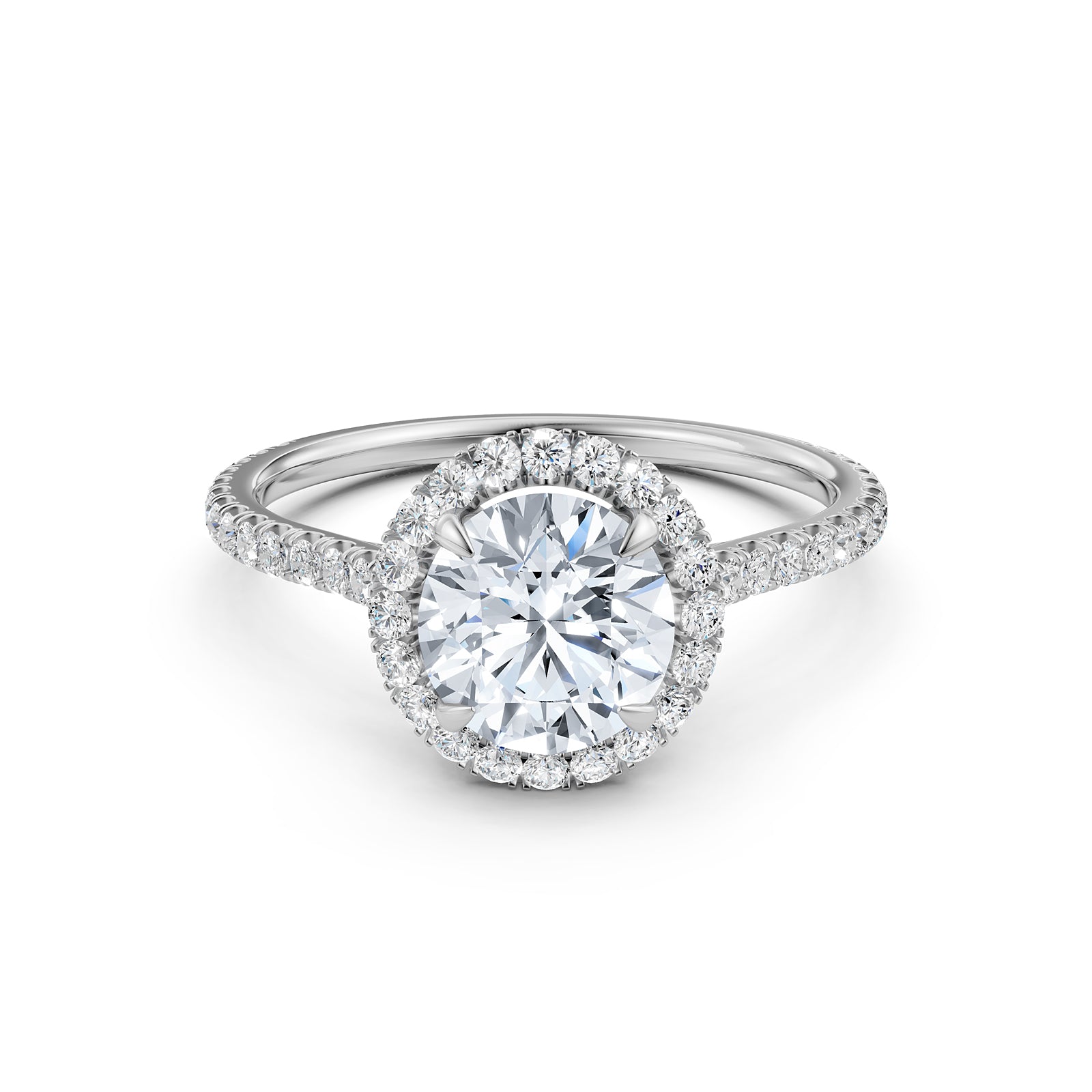 French U Pave Set Halo Lab Grown Diamond Round Engagement Ring
