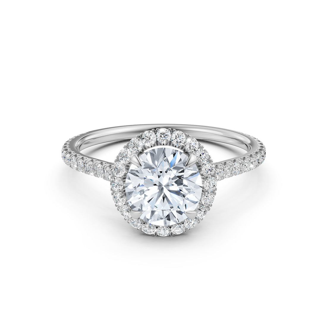 French U Pave Set Halo Lab Grown Diamond Round Engagement Ring