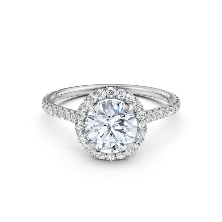 French U Pave Set Halo Lab Grown Diamond Round Engagement Ring
