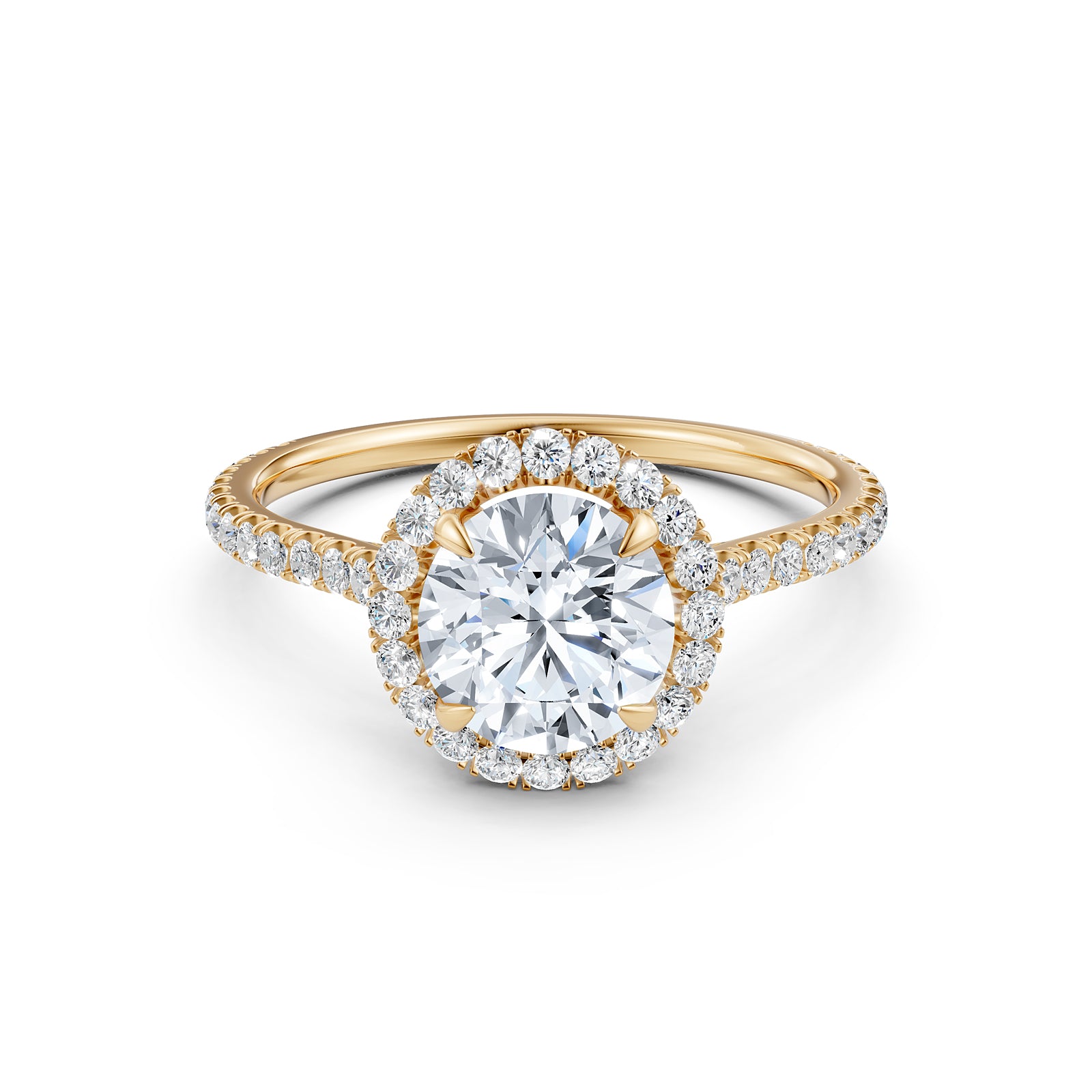 French U Pave Set Halo Lab Grown Diamond Round Engagement Ring