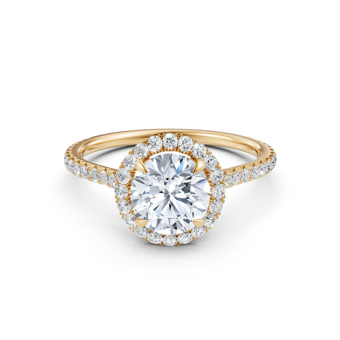 French U Pave Set Halo Lab Grown Diamond Round Engagement Ring