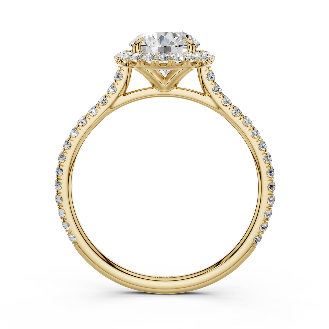 French U Pave Set Halo Lab Grown Diamond Round Engagement Ring