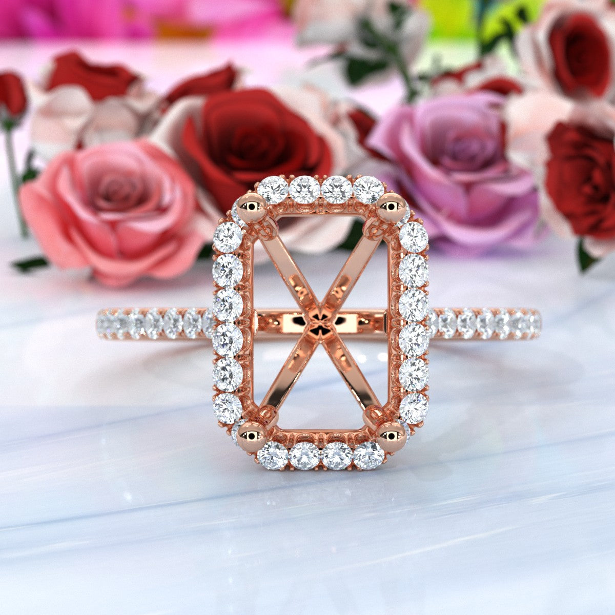 French U Pave Set Halo Semi Mount Lab Grown Diamond Engagement Ring 0.54 Ct.