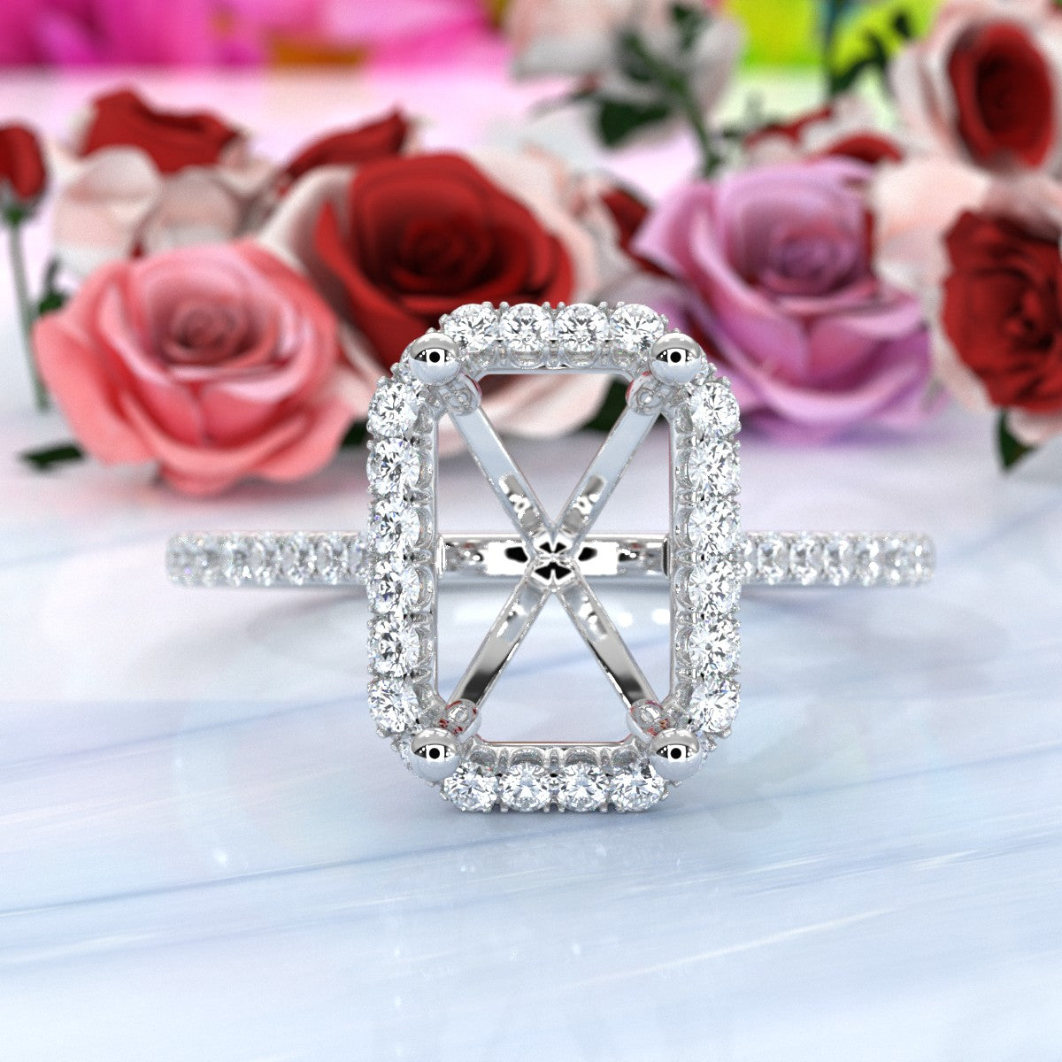 French U Pave Set Halo Semi Mount Lab Grown Diamond Engagement Ring 0.54 Ct.