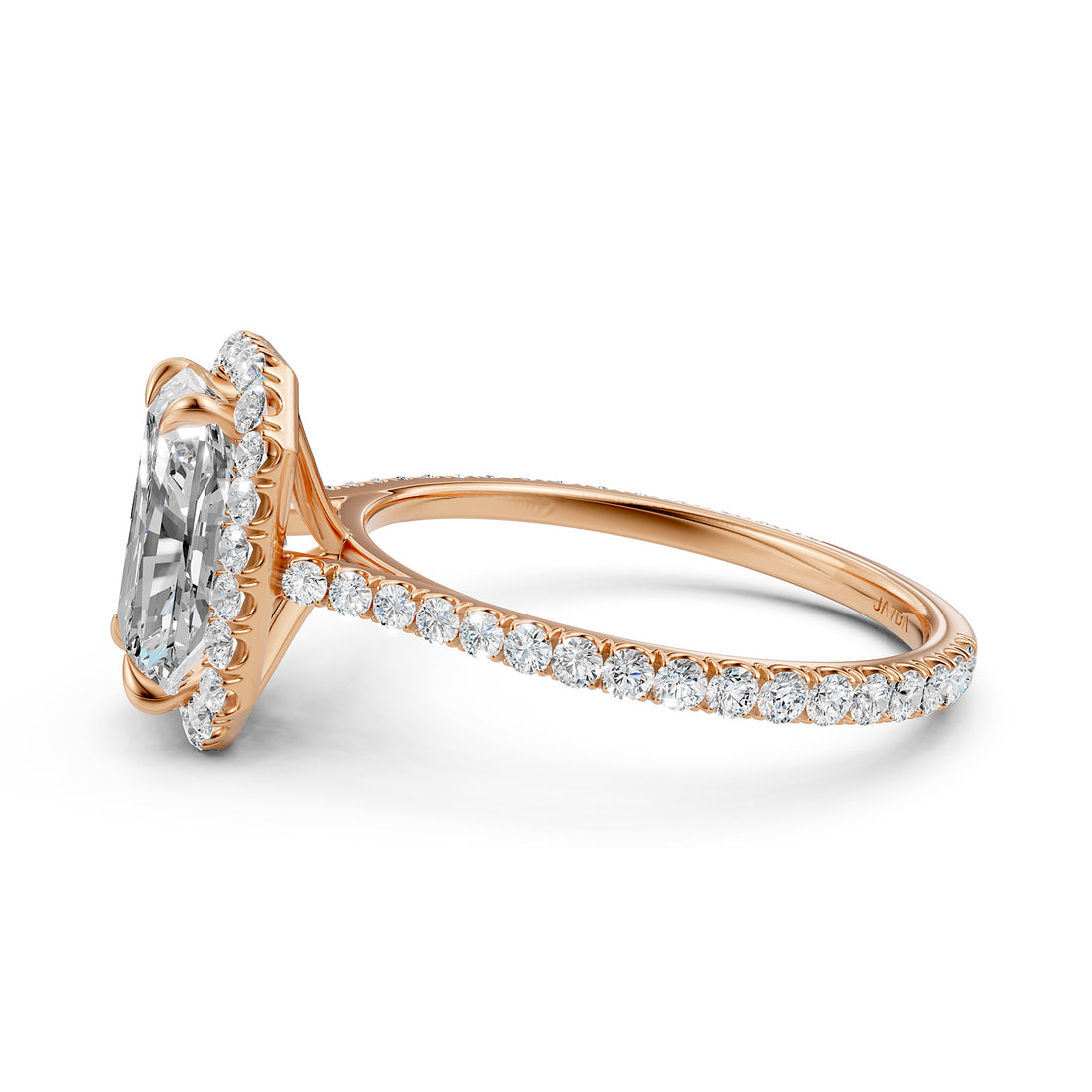 French U Pave Set Halo Diamond Radiant Engagement Ring 14k White Gold.