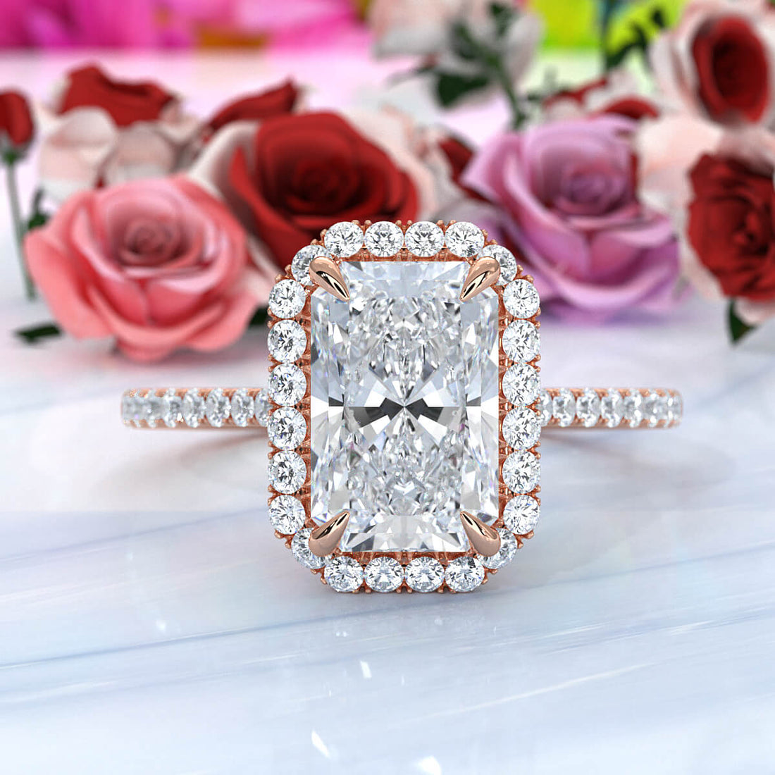 French U Pave Set Halo Diamond Radiant Engagement Ring 14k White Gold.