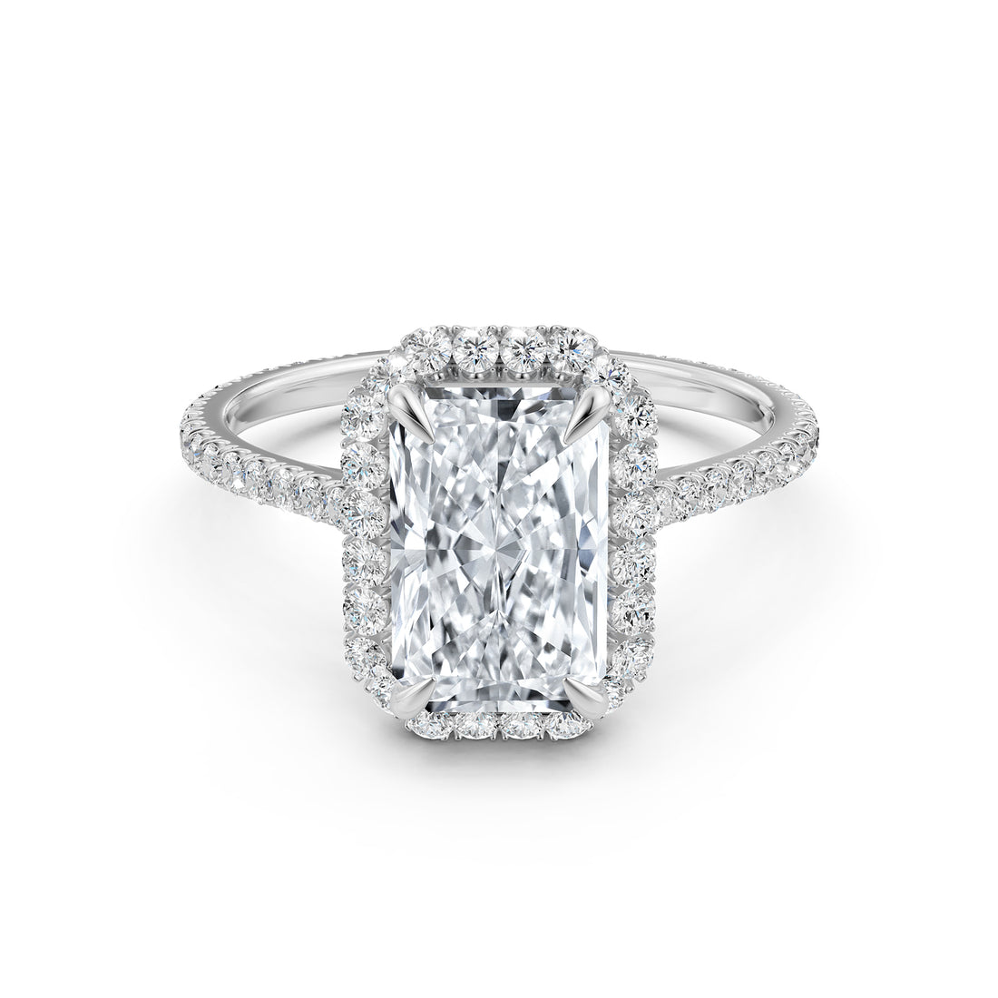French U Pave Set Halo Diamond Radiant Engagement Ring 14k White Gold.