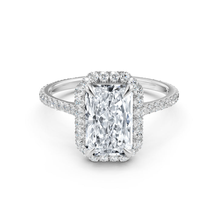 French U Pave Set Halo Diamond Radiant Engagement Ring 14k White Gold.