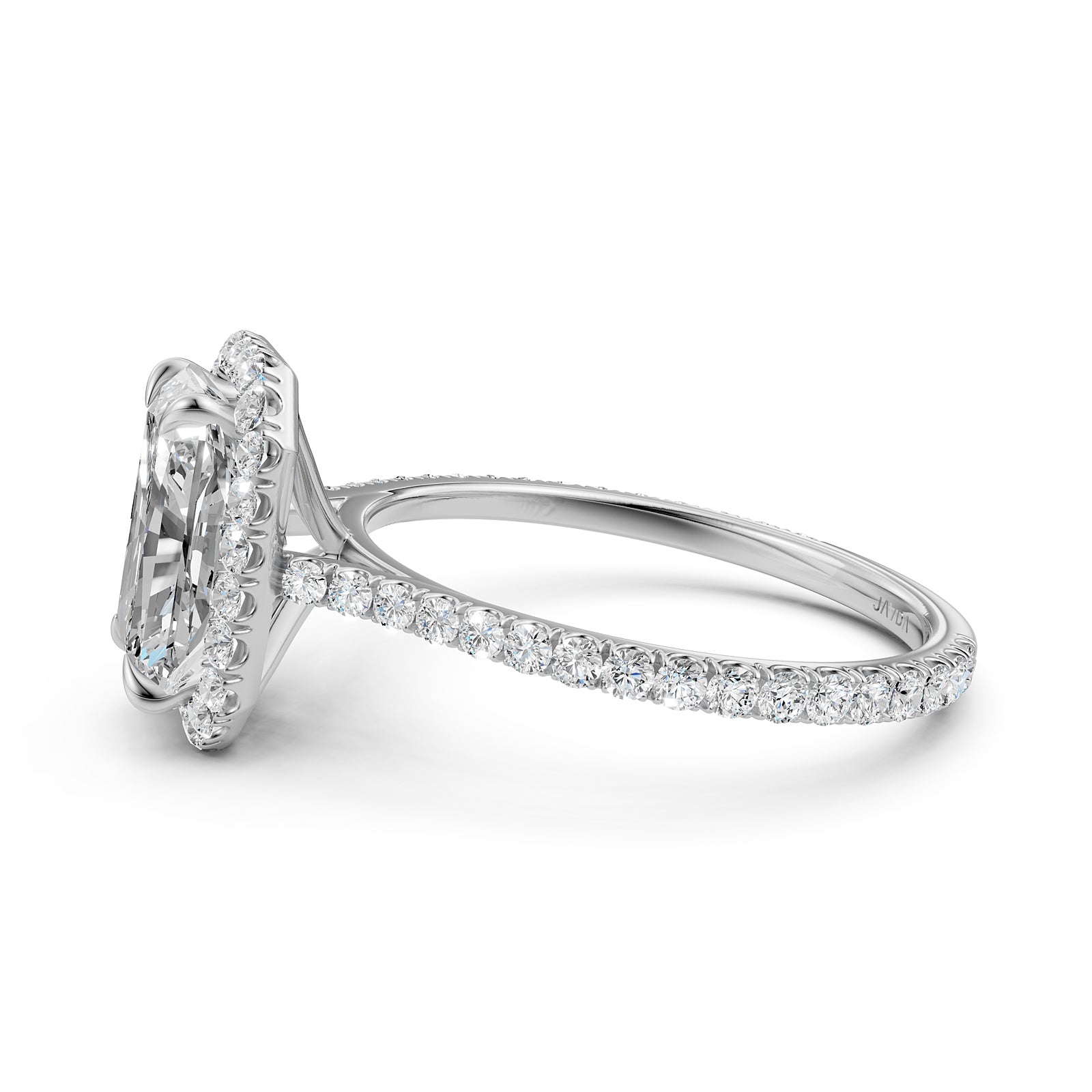French U Pave Set Halo Diamond Radiant Engagement Ring 14k White Gold.